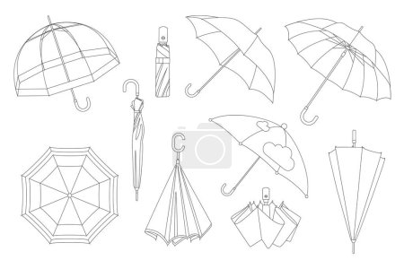 Offene und geschlossene Regenschirme für den Regenschutz, Set mit dünnen Linien-Symbolen. Skizzieren Mode Accessoire Kollektion der Regenzeit, gefalteter Sonnenschirm oder fliegender wasserdichter Regenschirm mit Griff Vektor Illustration