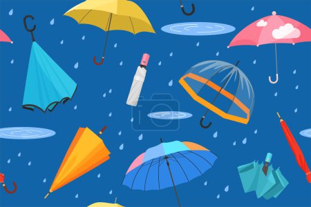 Folded and open colorful umbrellas for rain protection, seamless pattern. Flying repeat modern different waterproof parasols with handles, water drops and rain puddles cartoon vector illustration