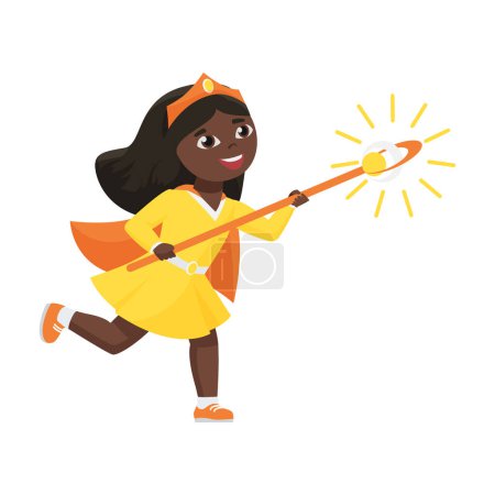 Ilustración de Linda chica en traje de carnaval amarillo de hadas y corona corriendo para jugar con la ilustración vectorial mágico bastón - Imagen libre de derechos