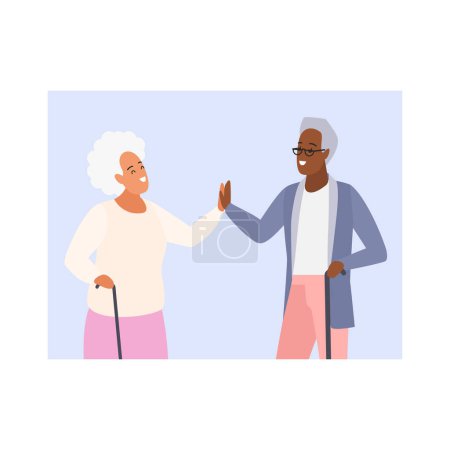 Großeltern mit Gehstock geben High Five, glückliche Oma und Opa Vektor Illustration