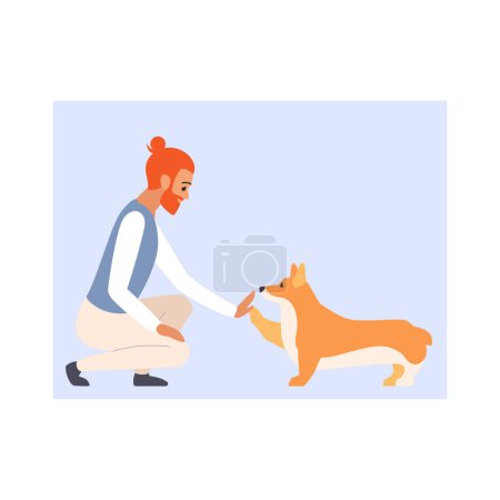 Illustration for Man and dog give high five, pet owner training cute puppy trick vector illustration - Royalty Free Image