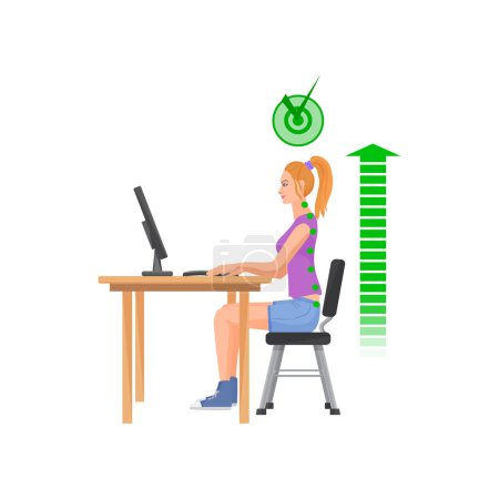 Illustration for Girl in correct sitting posture at computer. Healthy spine pose, spine problems cartoon vector illustration - Royalty Free Image