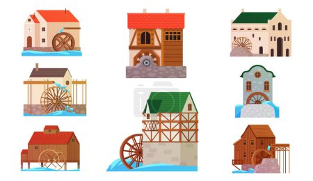Old watermills set. Vintage stone and wooden houses with wheel to grind flour using kinetic energy of river stream, traditional countryside water mills for rural landscape cartoon vector illustration