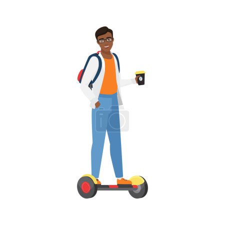 Student character on hoverboard. Student boy with takeaway coffee flat vector illustration