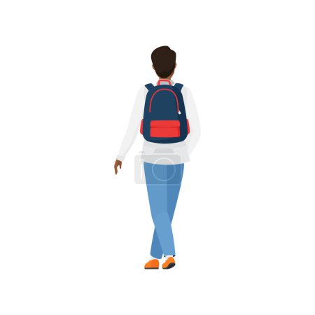 Illustration for Back view of standing student character. Student boy with university backpack flat vector illustration - Royalty Free Image