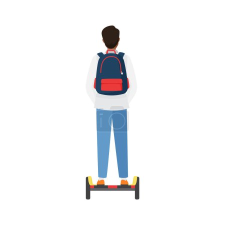 Illustration for Back view of student character on hoverboard. Student boy with backpack flat vector illustration - Royalty Free Image