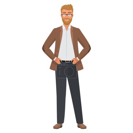 Happy man standing with hands on waist, portrait of confident businessman vector illustration