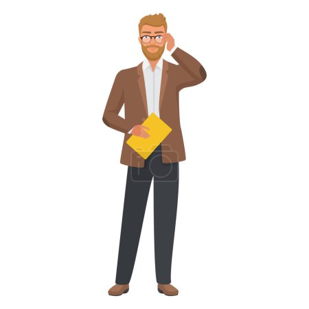 Man holding glasses with thoughtful look, businessman standing vector illustration