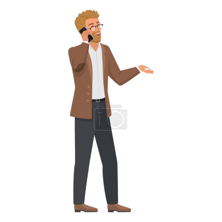 Businessman or teacher talking on mobile phone, office workers dialogue vector illustration