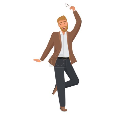 Happy teacher, office worker or businessman holding glasses and dancing vector illustration