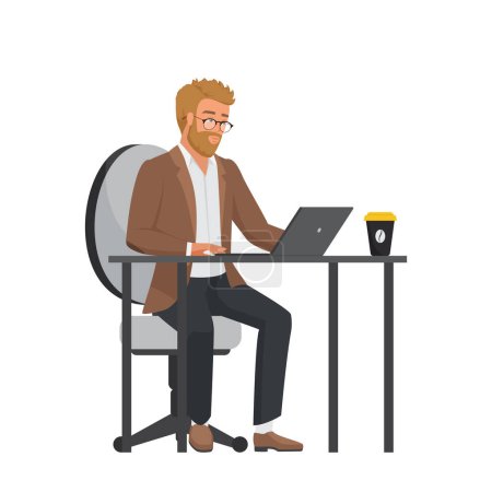 Man working at laptop, office manager or teacher sitting at desk vector illustration