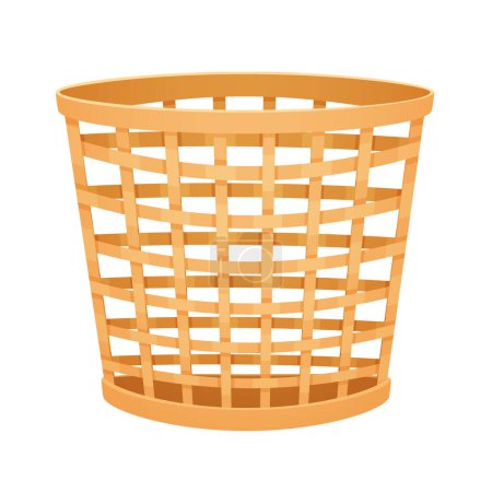 3D wicker basket for office paper waste, brown wooden trash bin vector illustration