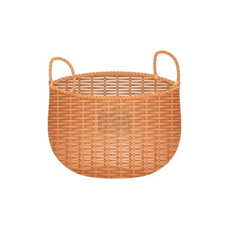 3D rattan basket with handles, wicker empty hamper or straw bag vector illustration