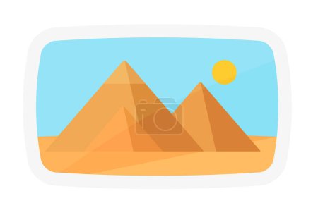 Téléchargez les illustrations : Pyramides égyptiennes dans le désert paysage, illustration vectorielle autocollant de voyage abstrait - en licence libre de droit