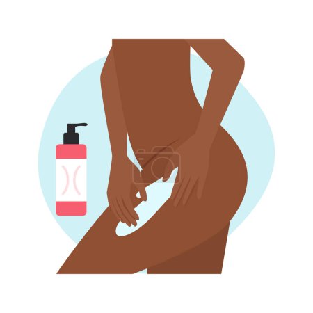 Illustration for Young woman applying moisturizing lotion to thigh skin after shower vector illustration - Royalty Free Image