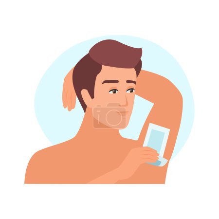 Junger Mann entfernt Haare aus der Achselhöhle mit Wachsstreifen, Beauty-Prozedur Vektor Illustration