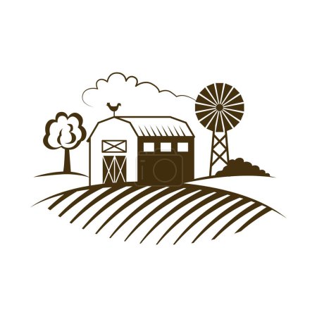 Paysage agricole avec maison sur terres arables, illustration vectorielle de scène de terres agricoles vintage