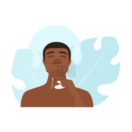 Man with head raised and eyes closed massaging neck using gua sha vector illustration