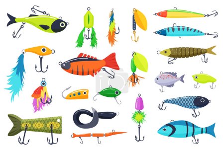 Lures for catching fish of different shapes set. Collection of fisherman equipment for fishing, underwater steel hook with bait, fishers tackle element and accessory cartoon vector illustration