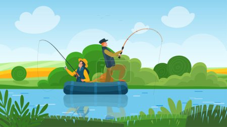 Fisherman family sail on inflatable boat along pond in summer landscape, man and woman catch fish with fishing rods. River or lake cute scene with leisure of anglers cartoon vector illustration