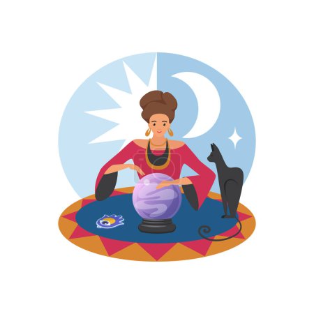 Female fortune teller telling of destiny and fate from magic crystal ball vector illustration