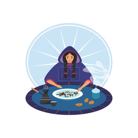 Gypsy woman fortune telling on coffee grounds at table to predict fate vector illustration