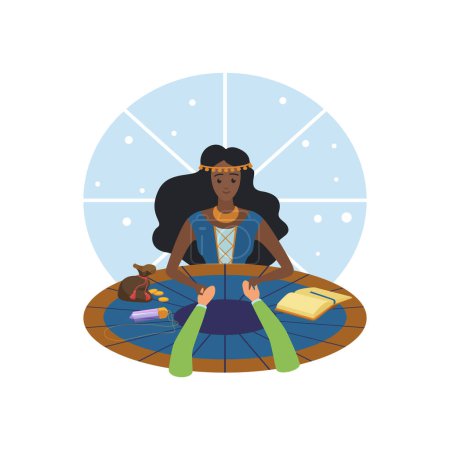Femme tsigane à la table racontant les fortunes des mains des clients, illustration vectorielle de la chiromancie