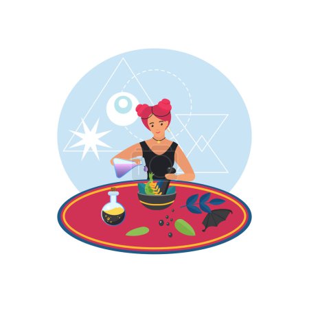 Witch making magic potion for witchcraft in mortar and pestle vector illustration