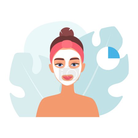 Hermosa joven aplicación de productos cosméticos, cuidado de la piel facial máscara vector ilustración