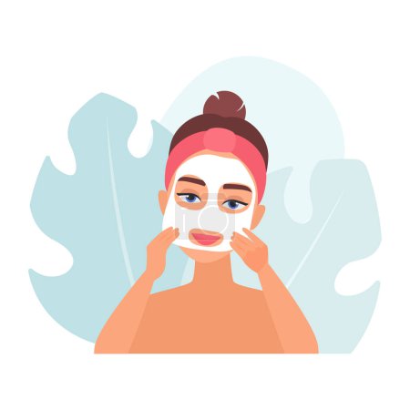 Retrato de niña eliminando hidratante, anti edad alginate o máscara de la piel de cara vector ilustración
