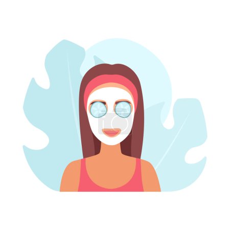 Portrait of girl using mask for face skin and cucumbers circles on eyes to moisturize vector illustration