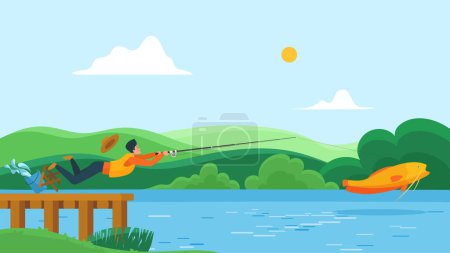 Happy fisherman caught big fish with fishing rod in river summer landscape, comic fishing situation. Young man holding pole stick to get giant catch, fish swimming in pond cartoon vector illustration