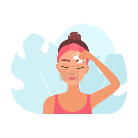 Happy girl with smile doing forehead massage along massage line vector illustration
