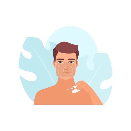 Man massaging skin of neck and collarbones with gua sha method vector illustration