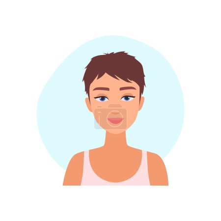 Girl with short hair, front portrait of young brunette woman vector illustration