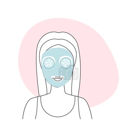 Chica usando máscara de alginato para la piel de la cara y los pepinos círculos en los ojos línea icono vector ilustración