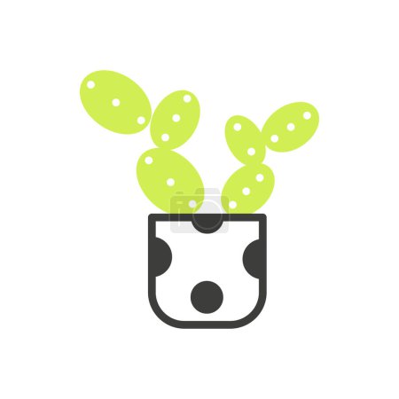 Cactus creciendo en maceta con patrón de lunares, ilustración de vectores de iconos de línea negra y verde