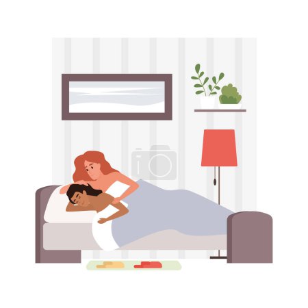 Happy LGBT lesbian couple lying together in big bed in bedroom at home vector illustration