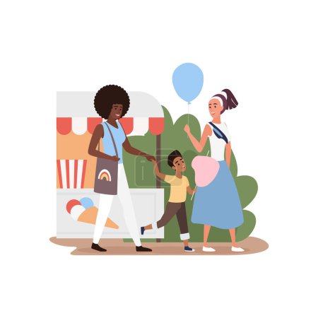 Happy LGBT family walking together in amusement park, two girls and little boy with cotton candy vector illustration