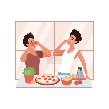 Happy LGBT gay family cooking pizza together with fun, guys standing in kitchen window vector illustration