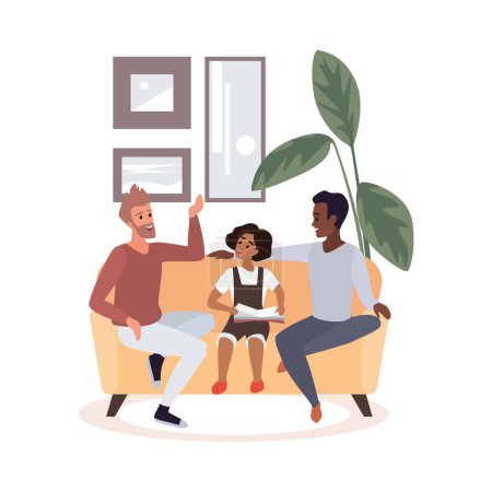 Happy LGBT family spending time together and sitting on sofa, two guys adopted girl vector illustration