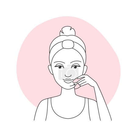 Girl making chin skin massage with quartz gua sha massager vector illustration
