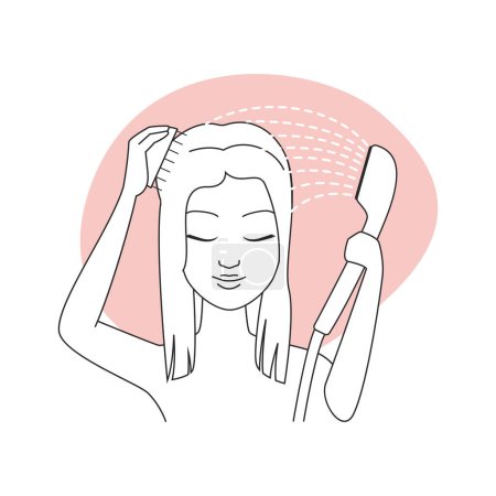 Illustration for Girl brushing hair under spray of water, step of haircare routine vector illustration - Royalty Free Image