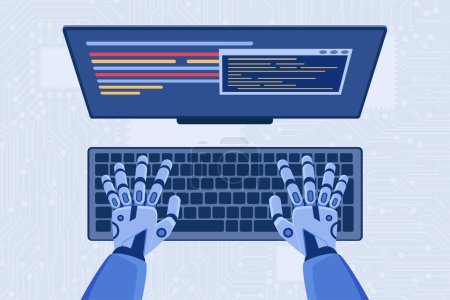Codeautomatisierung Entwicklung, Programmierung mittels KI, Draufsicht auf codierende Roboterhände. Cyborg sitzt am Computer-Schreibtisch und schreibt Code für Software oder mobile Anwendung Cartoon Vector Illustration
