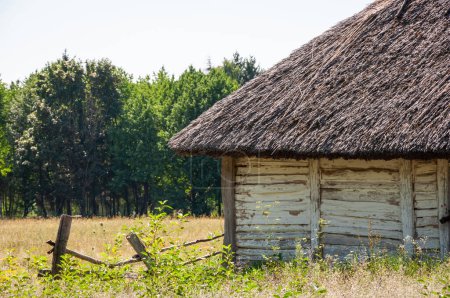 Authentic Ukrainian house in countryside. Summer village in Ukraine. Old folk thatched house. Ukrainian traditional rustic house. Rural countryside in summer ranch. Architecture. Copy space banner.