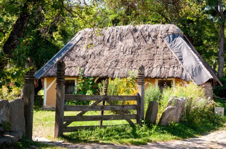 Authentic Ukrainian house in countryside. Summer village in Ukraine. Old folk thatched house. Ukrainian traditional rustic house. Rural countryside in summer ranch. Architecture with fence.
