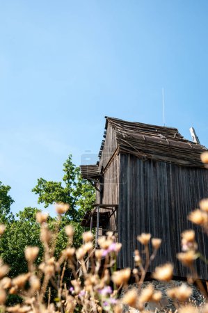 Authentic Ukrainian house in countryside. Summer village in Ukraine. Old folk thatched house. Ukrainian traditional rustic house. Rural countryside in summer ranch. Old architecture, selective focus.
