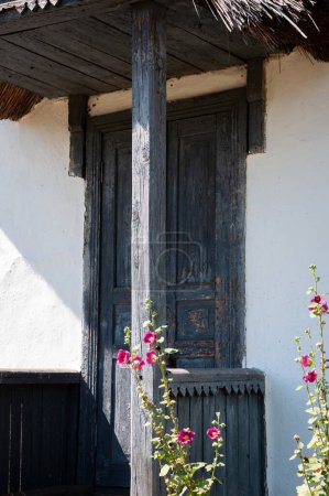 Entrance to house with wooden door. Wood door entrance to house.