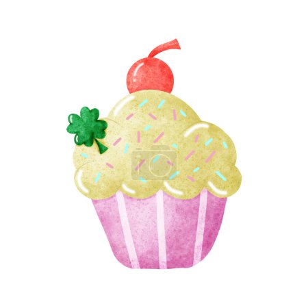 Téléchargez les illustrations : Le concept de dessert de Saint Patrick. Un cupcake jaune crème avec cerise rouge et trèfle vert laisser et saupoudrer de garniture dans une tasse en papier rose et blanc isolé sur un fond blanc. Style aquarelle. - en licence libre de droit