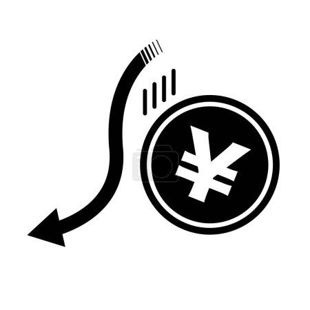 Illustration for Japanese yen falling in value silhouette icon. Crash of the Japanese yen. Editable vector. - Royalty Free Image